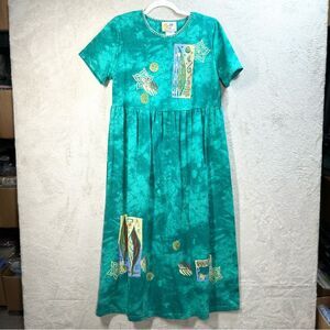 Copa Cabana‎ Vtg Midi Dress Artsy Art To Wear Beach Made in USA Green Tie Dye MP